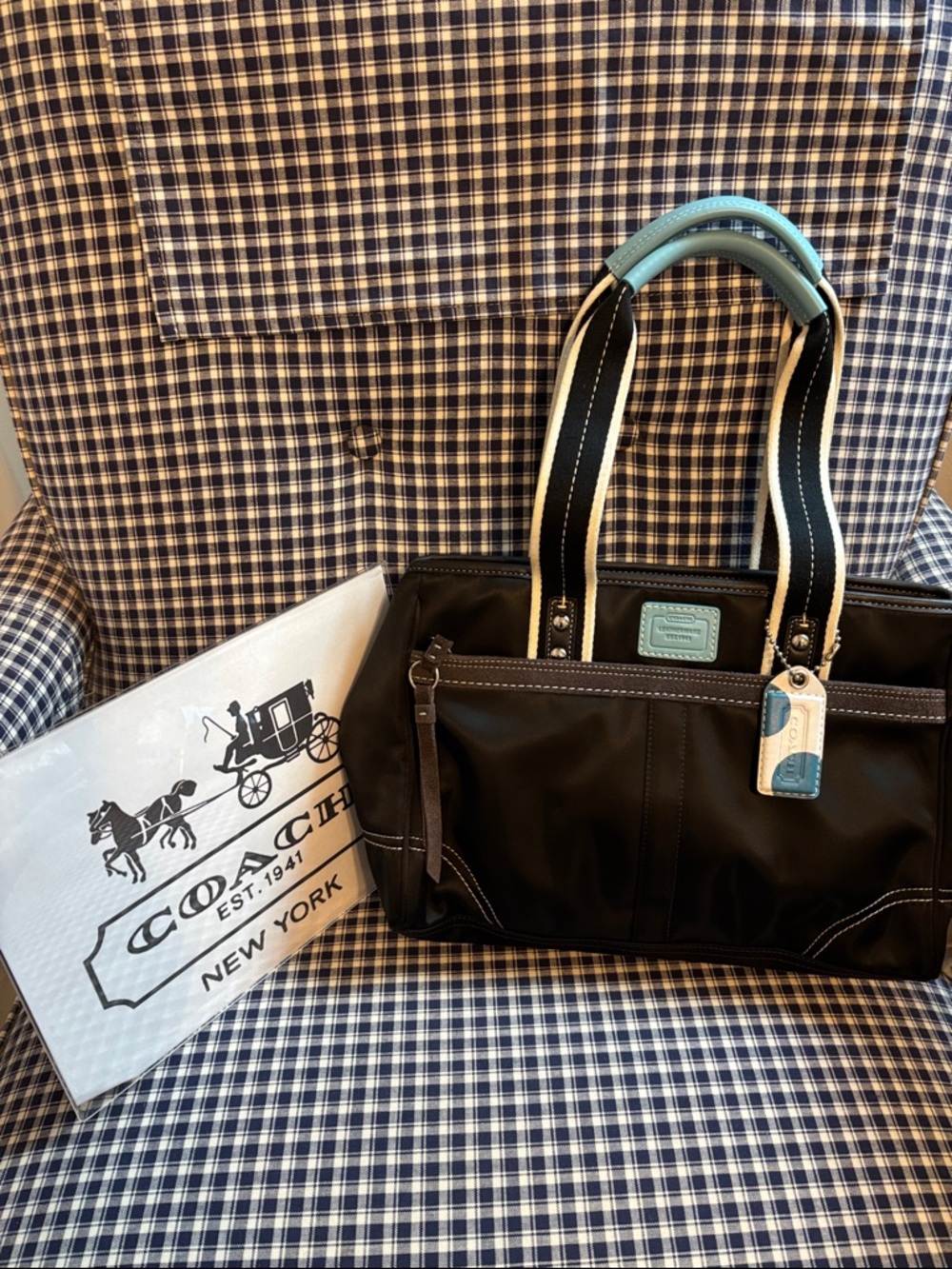 Coach vintage Hampton santeen  Tote with Light Blue Accents